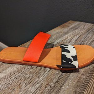 Neon coral and cowprint strap sandal